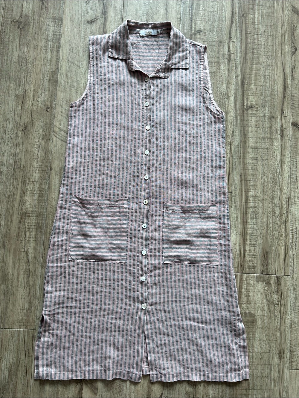 Linen made in Italy baggy Sleeveless Striped Button-Front Shirt Dress pockets